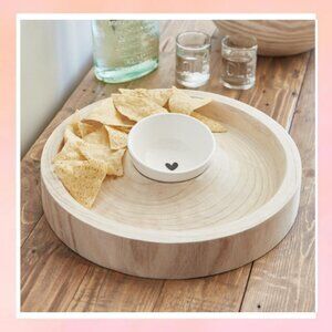 Heart Dip Bowl & Wood Chip Holder Paulownia Serving Tray Appetizer Set